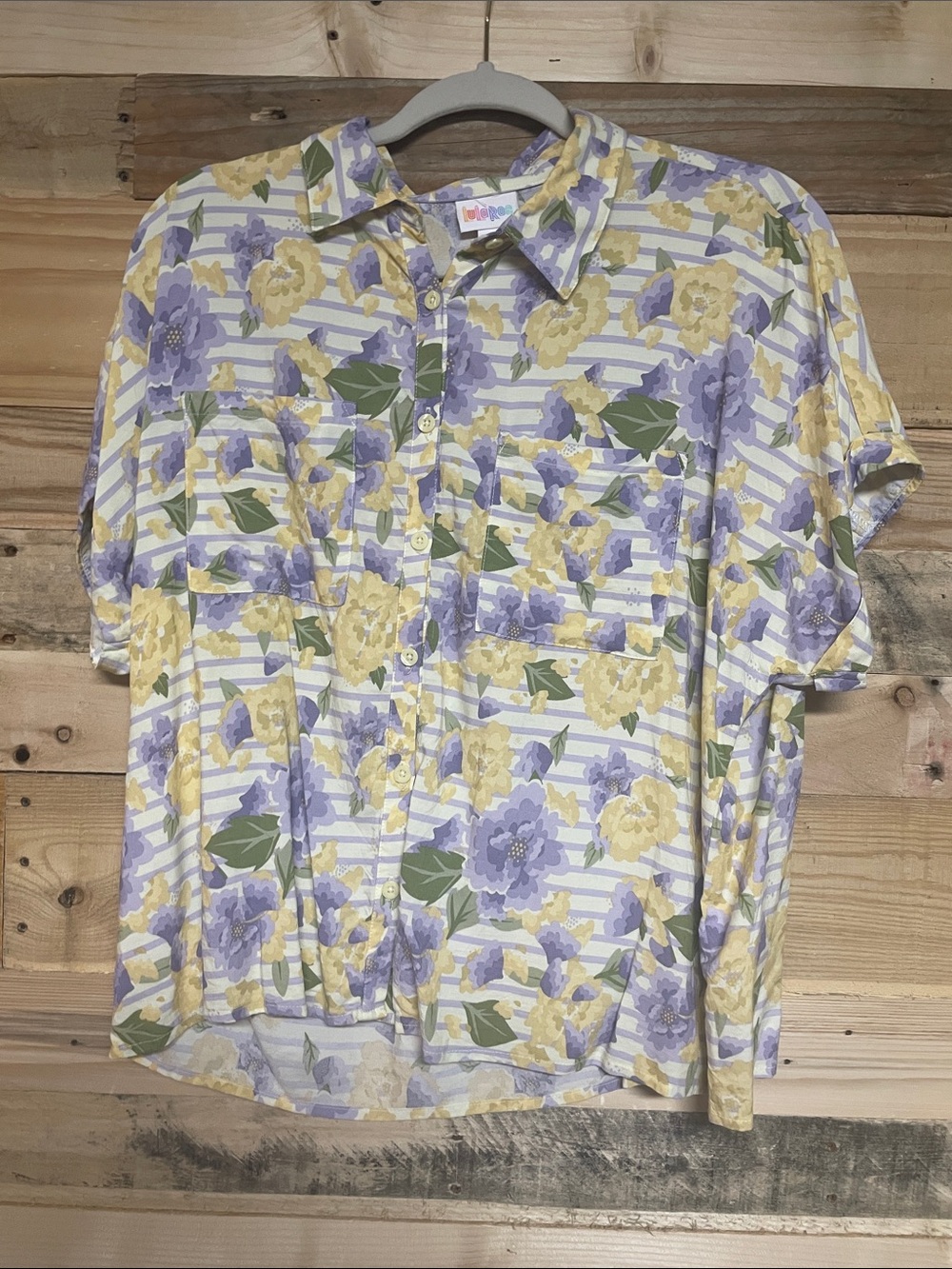 LulaRoe size small yellow and purple floral and stripes button down shirt